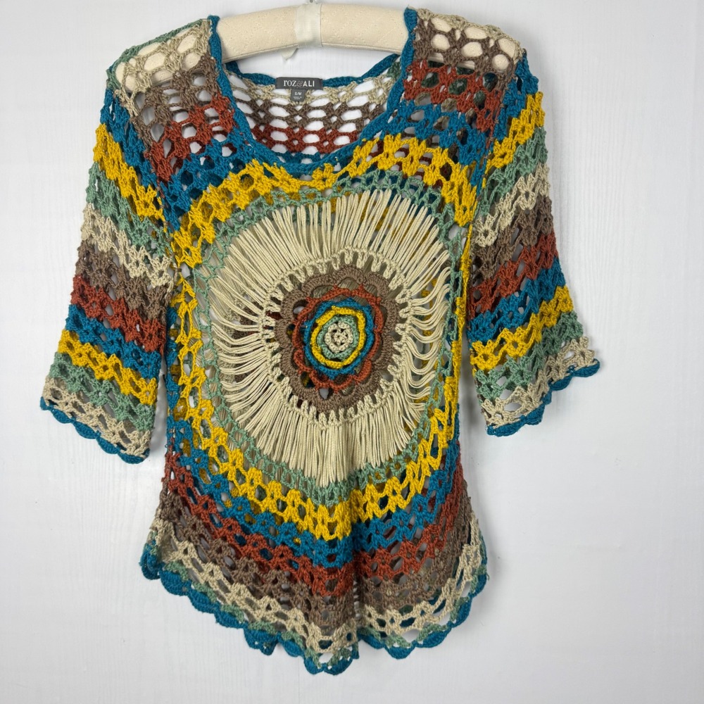 Roz & Ali Crochet Knit Top S/M Boho Hippie Multicolor‎ Festival Tunic - Picture 4 of 11